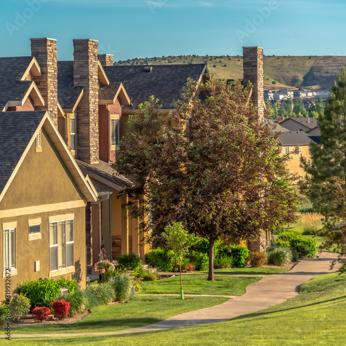 Wallpaper Mural Square frame Residential scenery with pathways and grassy field in front of charming houses Torontodigital.ca