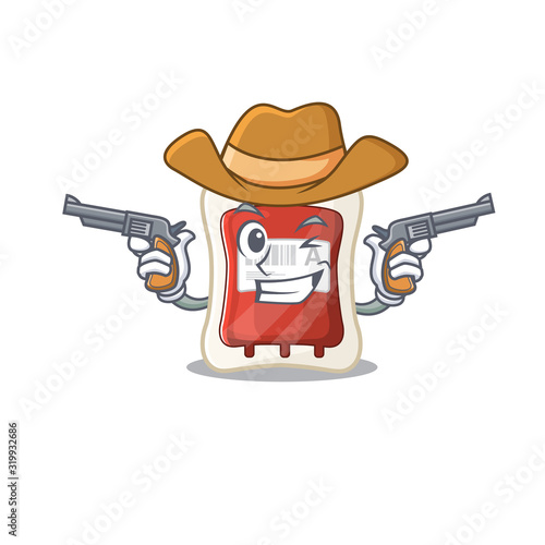 Blood bag dressed as a Cowboy having guns