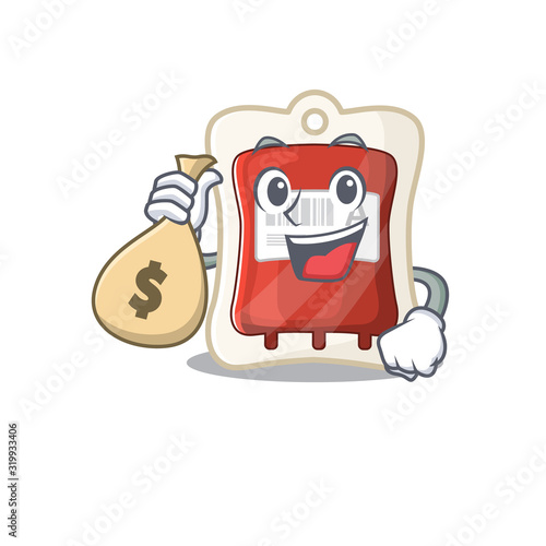 Happy rich blood bag cartoon character with money bag