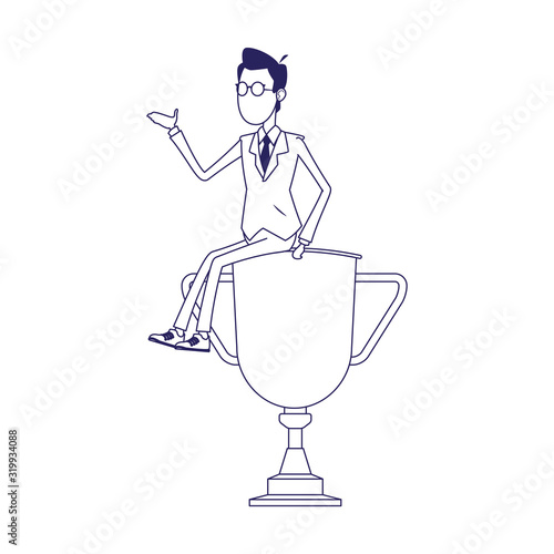 cartoon businessman sitting on big trophy, flat design