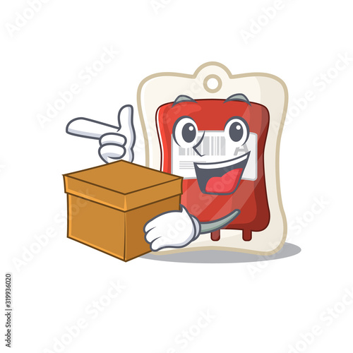 Cute blood bag cartoon character having a box