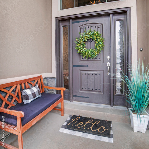 Square Beautiful home entrance with gray door sidelights and huge transom window