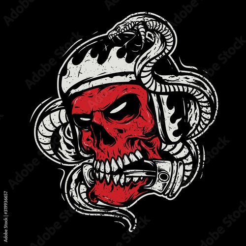 skull wearing a helmet, biting a piston with a snake