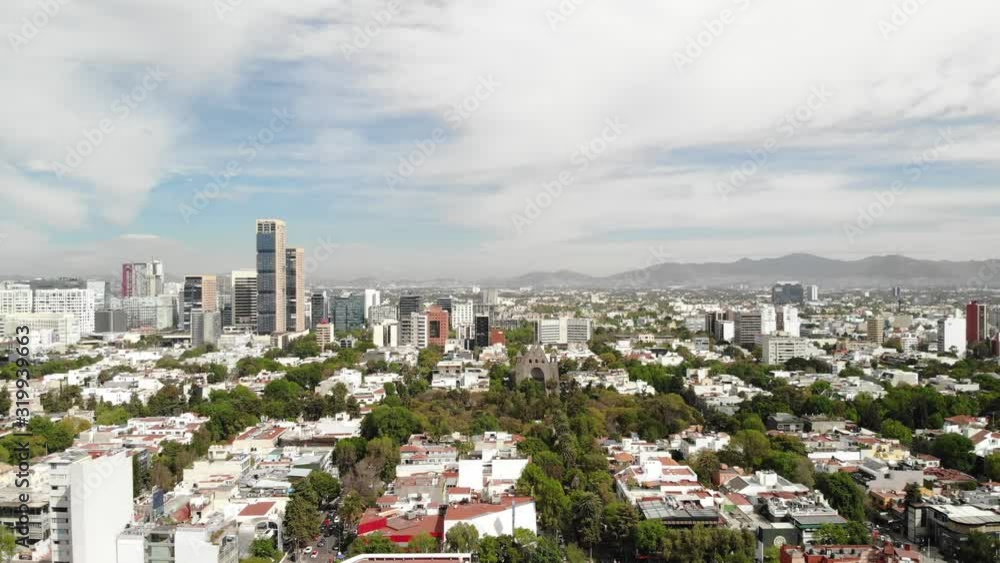 Aerial panoramic view of Polanco Neighborhood in Mexico City, drone flying sideways, with a blue sky as background Aerial panoramic view of Polanco Neighborhood in Mexico City, drone flying sideways, with a blue sky as background