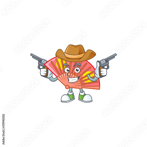 Confident red chinese folding fan Cowboy cartoon character holding guns