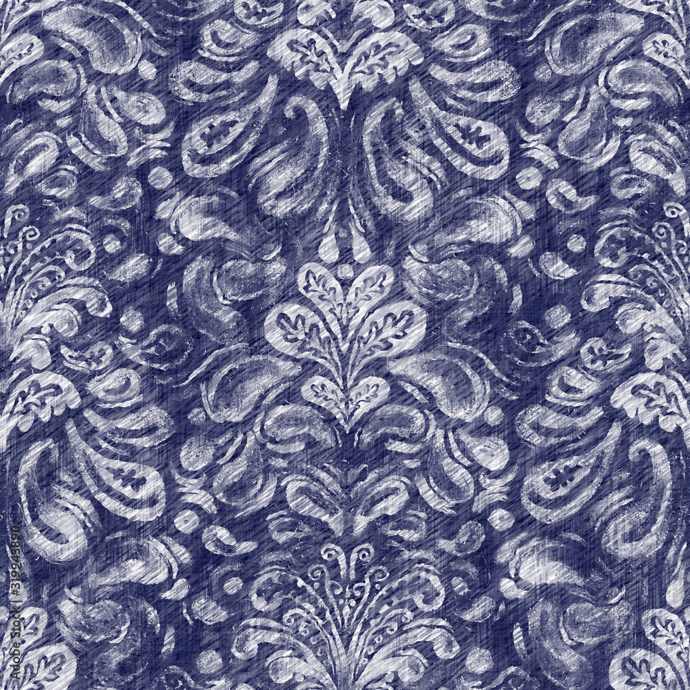 Fototapeta Damask indigo dyed effect distressed worn bleached graphical motif. Noisy brushed faded mottled, intricate grungy stained navy design. Seamless repeat raster jpg pattern swatch.