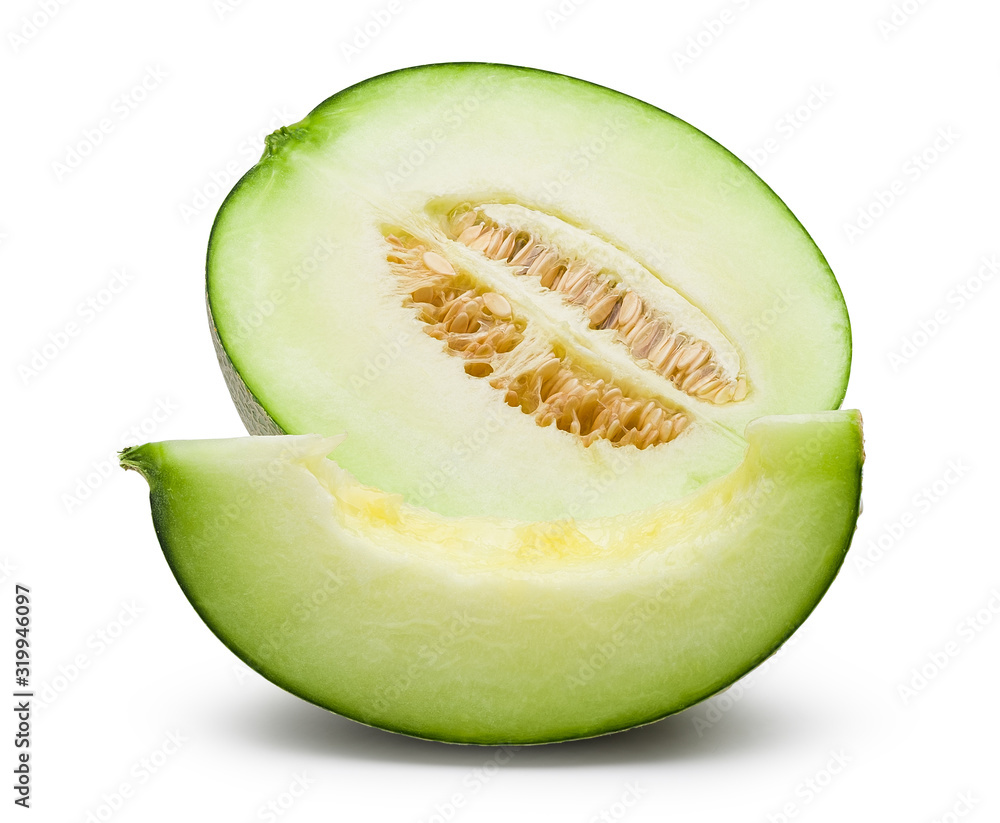 Fresh green melon cut in half with seeds and slice isolated on white background. Melon clipping path. Fresh green melon cut in half with seeds and slice isolated on white background. Melon clipping path.