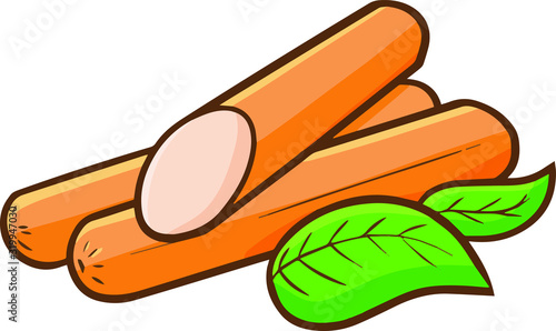 Cute and funny yummy three sausages woth leafe ready to be cooked