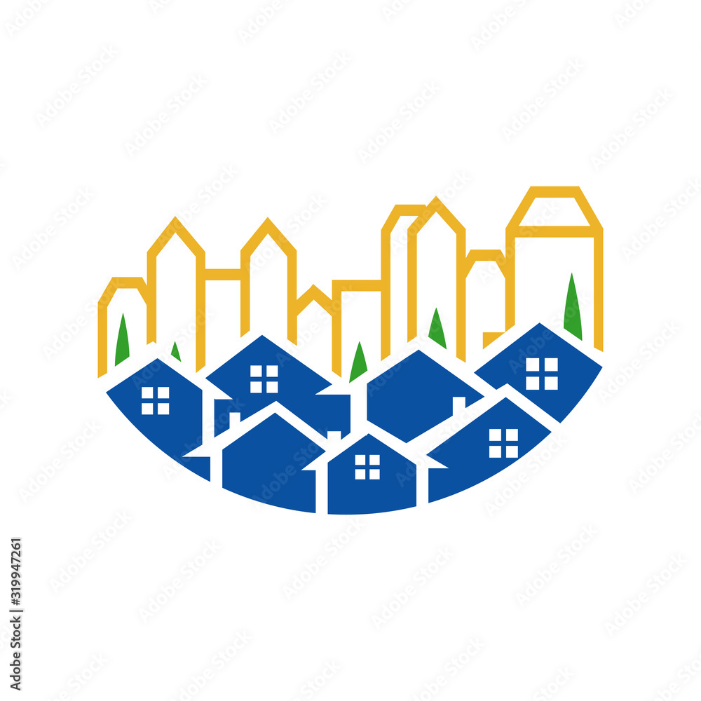 building home and tree on the city downtown logo design vector template
