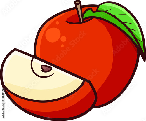 Cute and funny yummy apple with one slice beside it