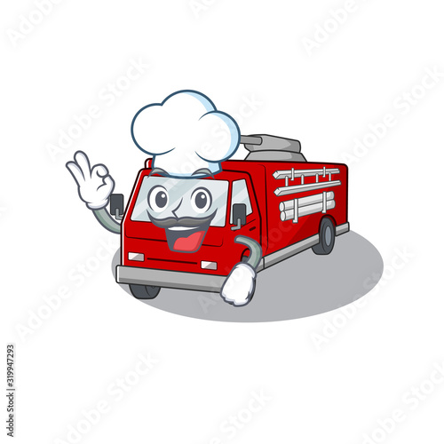 Fire truck cartoon character wearing costume of chef and white hat