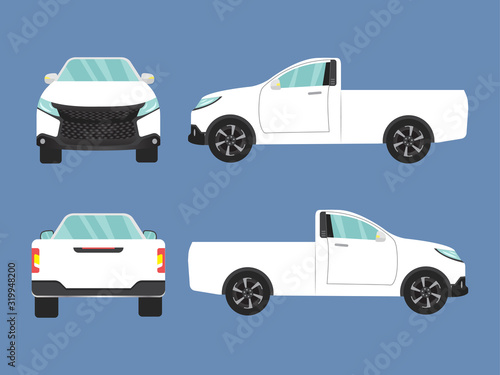 Set of white pickup truck single cab car view on blue background,illustration vector,Side, front, back