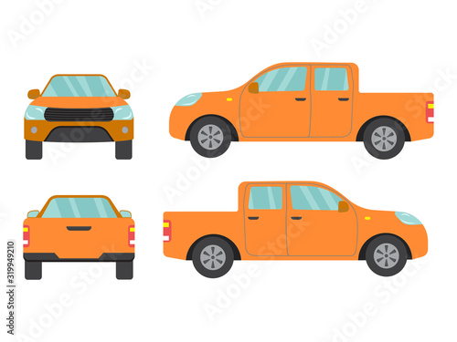 Set of orange pickup truck car view on white background illustration vector Side  front  back3