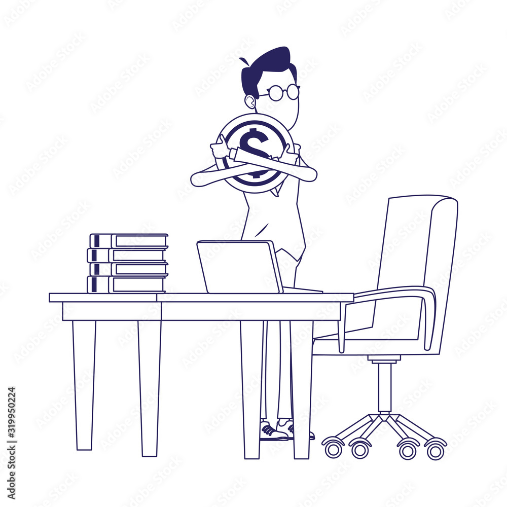 businessman hugging a coin next to office desk businessman hugging a coin next to office desk