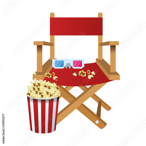 directors chair with 3d glasses and pop corn bowl