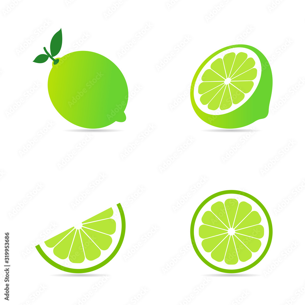 Collection set of fresh lime with green leaf and half slice pattern isolated on white background.Citrus fruit flat icon.Vector.Illustration.