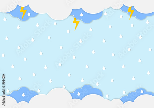 Cartoon cute cloud with lighting and water droplets isolated on blue sky background in rainy day.Downpour rain.Landscape scene.Origami style.Paper craft.Monsoon season.Weather forecast.Vector.