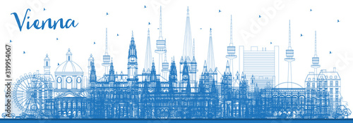 Outline Vienna Austria City Skyline with Blue Buildings.