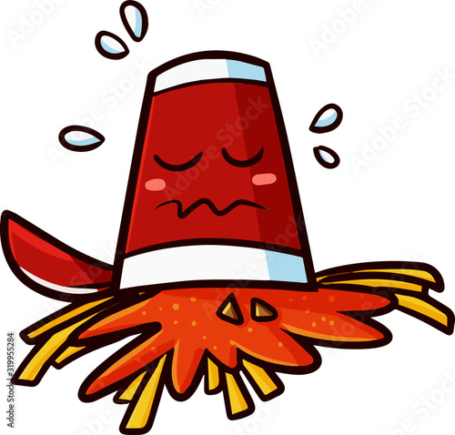 Cute and funny red cup noodle character falling down and getting sad