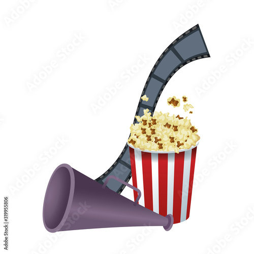 directors megaphone with pop corn bucket and film reel