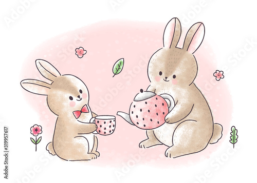 Cartoon cute sweet rabbits  drink tea time vector.