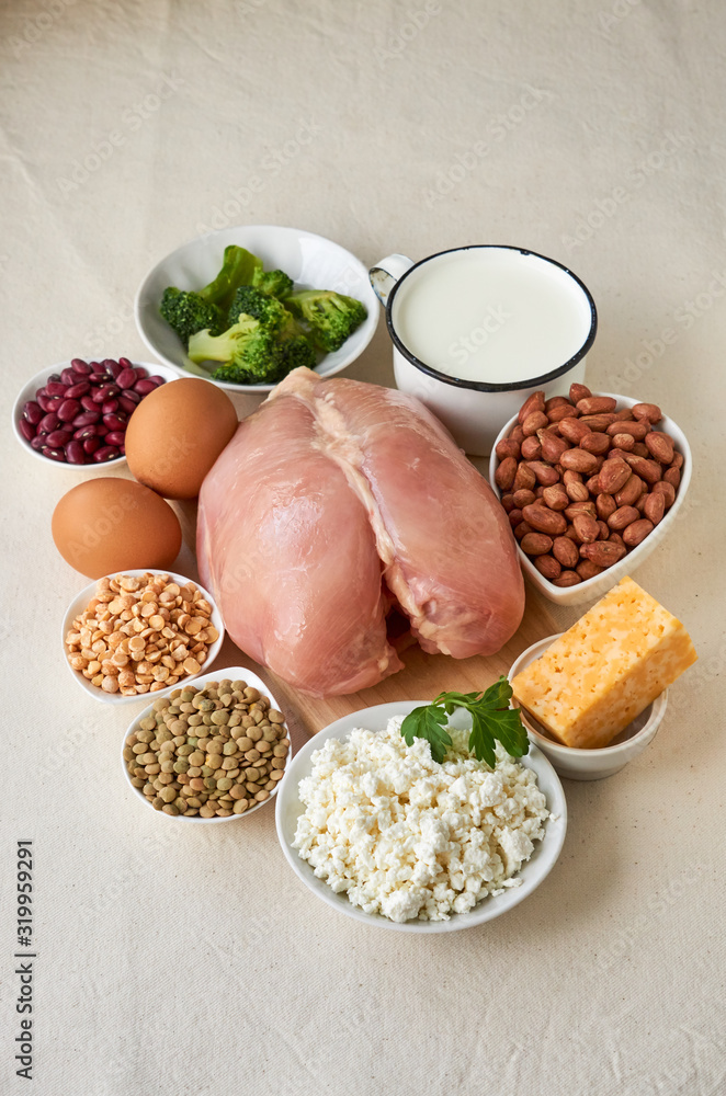 Foods rich in protein on a light background Foods rich in protein on a light background