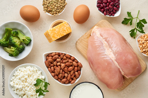 Foods rich in protein on a light background
