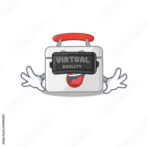 Trendy first aid kit character wearing Virtual reality headset