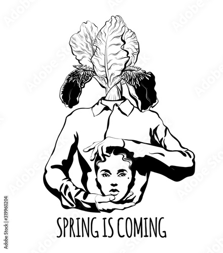 Spring is coming. Vector hand drawn illustration of headless girl with iris  isolated. Creative tattoo  artwork. Template for card, poster, banner, print for t-shirt, pin, badge, patch.