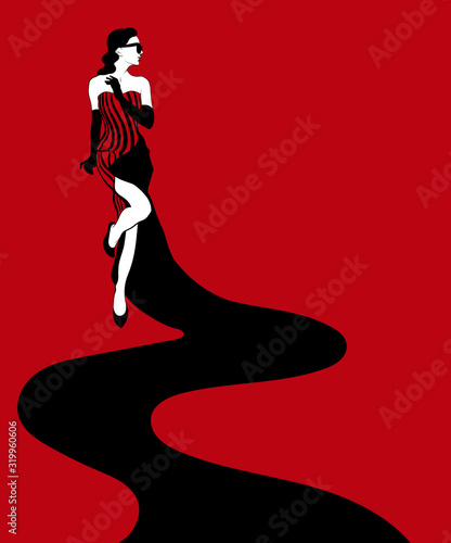 Vector hand drawn illustration of girl in maxi dress isolated. Creative artwork. Template for card, poster, banner, print for t-shirt, pin, badge, patch.