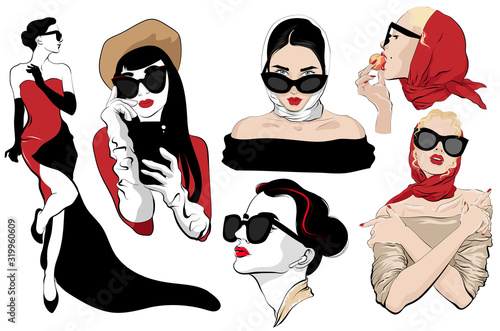 Vector hand drawn set of illustration of girls in sunglasses isolated. Creative artwork. Template for card, poster, banner, print for t-shirt, pin, badge, patch.