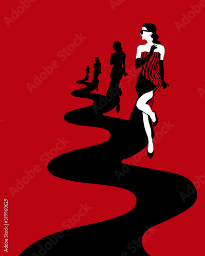 Vector hand drawn illustration of girl in maxi dress isolated. Creative artwork. Template for card, poster, banner, print for t-shirt, pin, badge, patch.