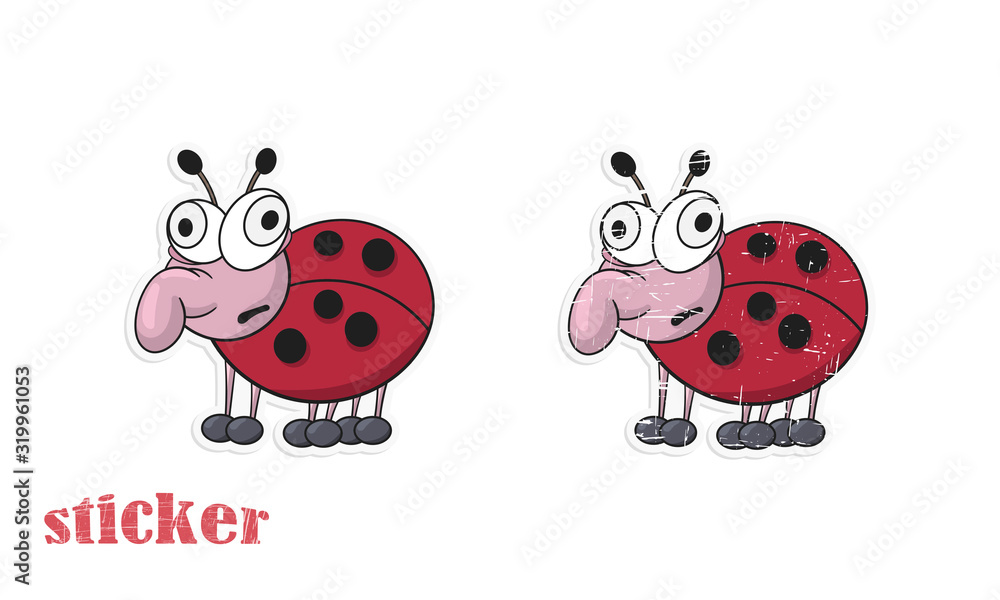 Obraz premium Cartoon funny ladybug mutant. Vector illustration in the form of a sticker.