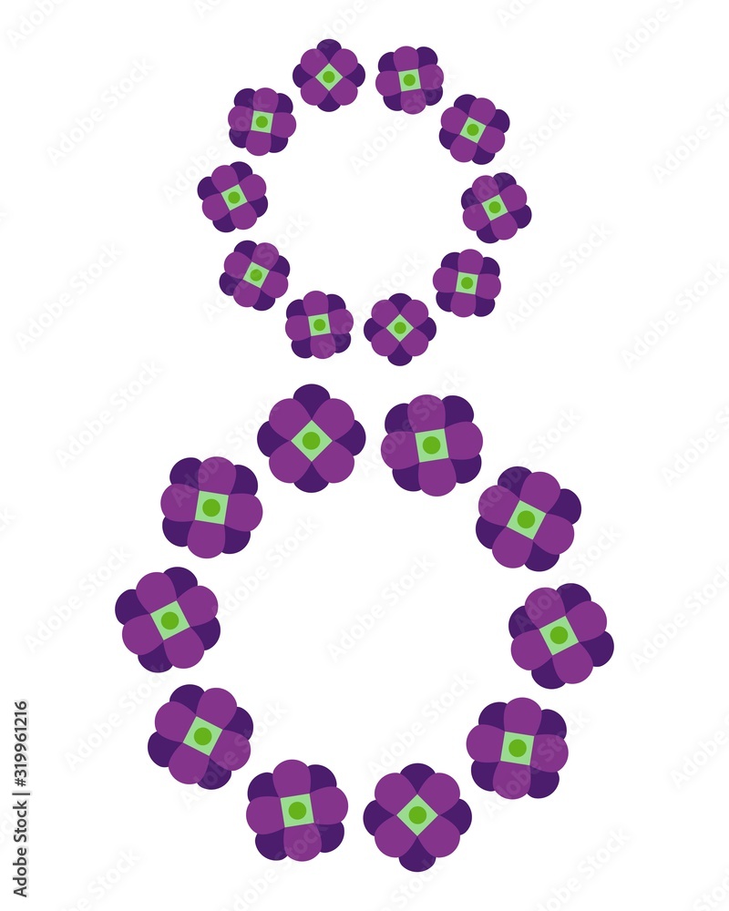 Happy International Women's Day 8 March, Sign 8 of violet with green flowers, design element, vector illustration