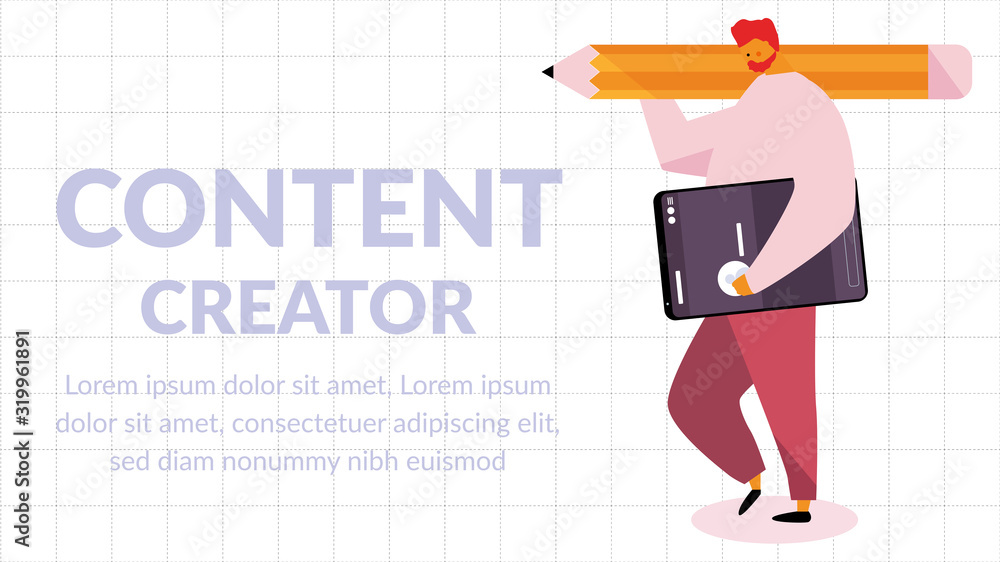 Obraz premium Flat vector illustration of a man with a yellow pencil and a smartphone with a Content Creator wording. Content creator Illustration Concept.