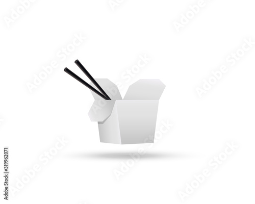 Open white chinese fast food container with chopsticks. Container for fast food, asian lunch, empty cardboard-vector web icon isolated on white background, EPS 10, top view