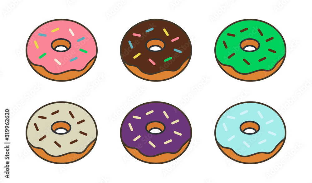Obraz premium Set of colorful donuts in flat style icon isolated on white background, top view