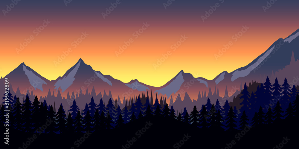 Naklejka premium Poster template with wild mountains landscape. Vector illustration