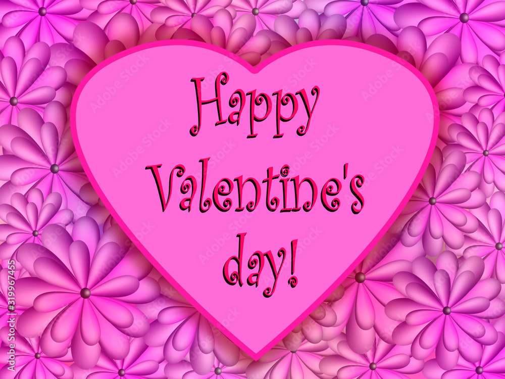 Greeting card with Happy Valentine's Day, heart on a background of feolet flowers.