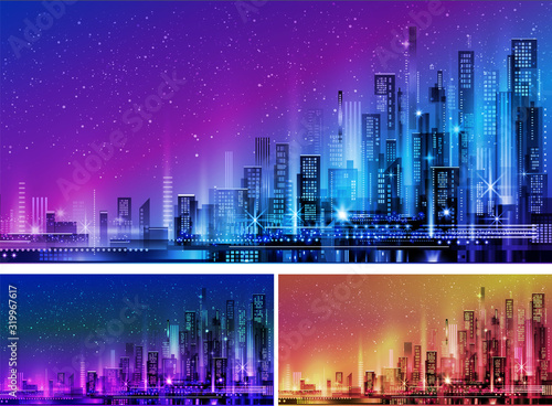Vector night city illustration with neon glow and vivid colors.