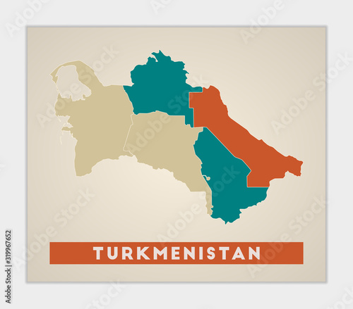 Turkmenistan poster. Map of the country with colorful regions. Shape of Turkmenistan with country name. Beautiful vector illustration.