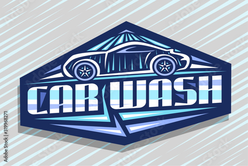 Vector logo for Car Wash, dark decorative sign board with illustration of outline sport car under water shower, trendy badge with creative typeface for words car wash on grey abstract background.