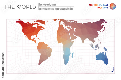 Abstract world map. Gringorten square equal-area projection of the world. Red Yellow Blue colored polygons. Creative vector illustration.