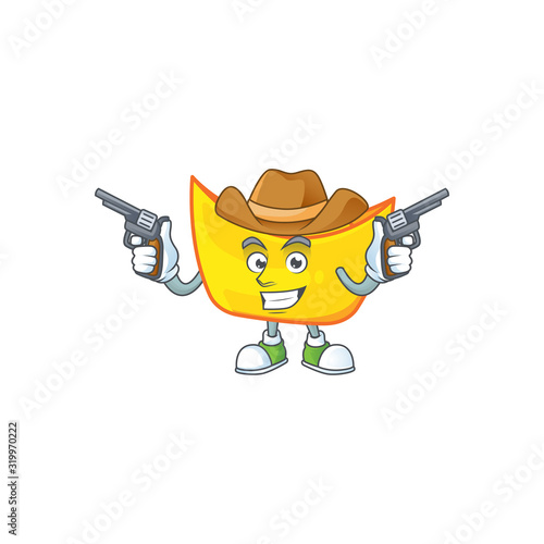 Confident chinese gold ingot Cowboy cartoon character holding guns