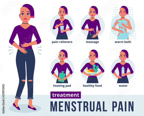 Young girl character holds her stomach and feels menstrual pain. Infographics of menstrual pain treatment in flat style. Methods for treating stomach pain during menstrual period. Vector illustration