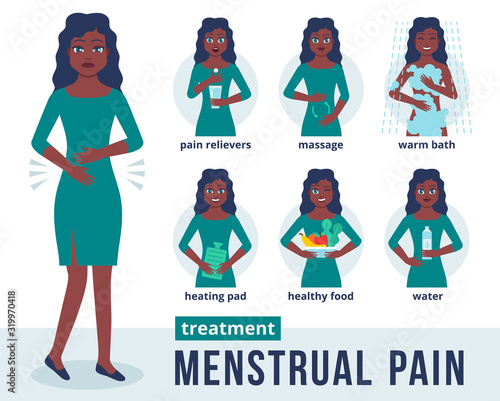 Character of african american woman holds her stomach and feels menstrual pain. Infographics of treatment in flat style. Methods for treating stomach pain during menstrual period. Vector illustration