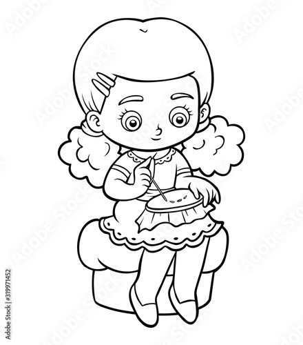 Coloring book for children, Embroidering girl