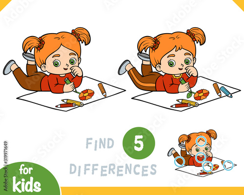Find differences, game for children, Little girl drawing with color pencils a flower