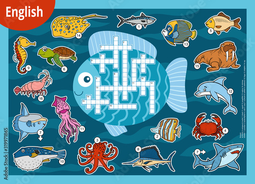 Vector crossword in English, education game for children. Cartoon set of sea animals
