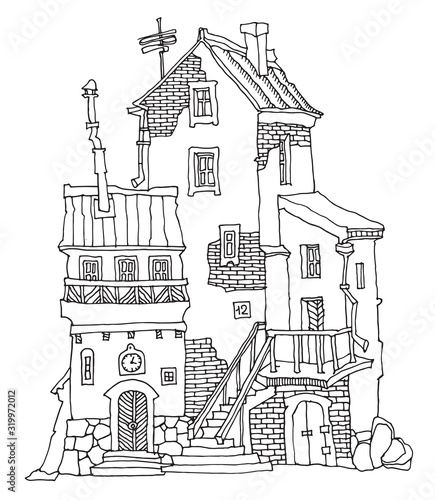 Cute hand drawn old houses with windows, stairs and doors